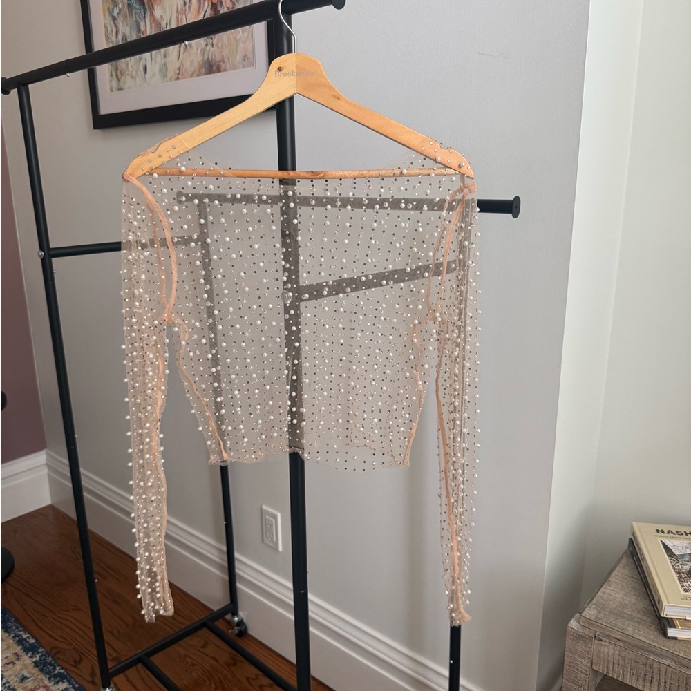 Sheer Pearl-Embellished Long Sleeve Top - Nude